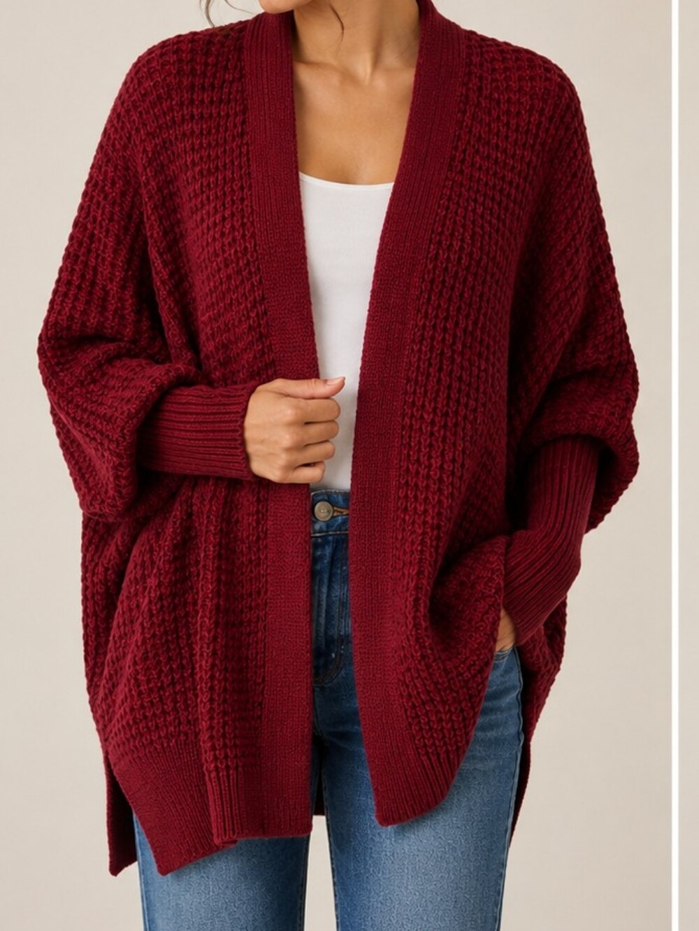 Cozy Open-Front Knit Cardigan - Deep Burgundy Shade Wine Red Size M.
